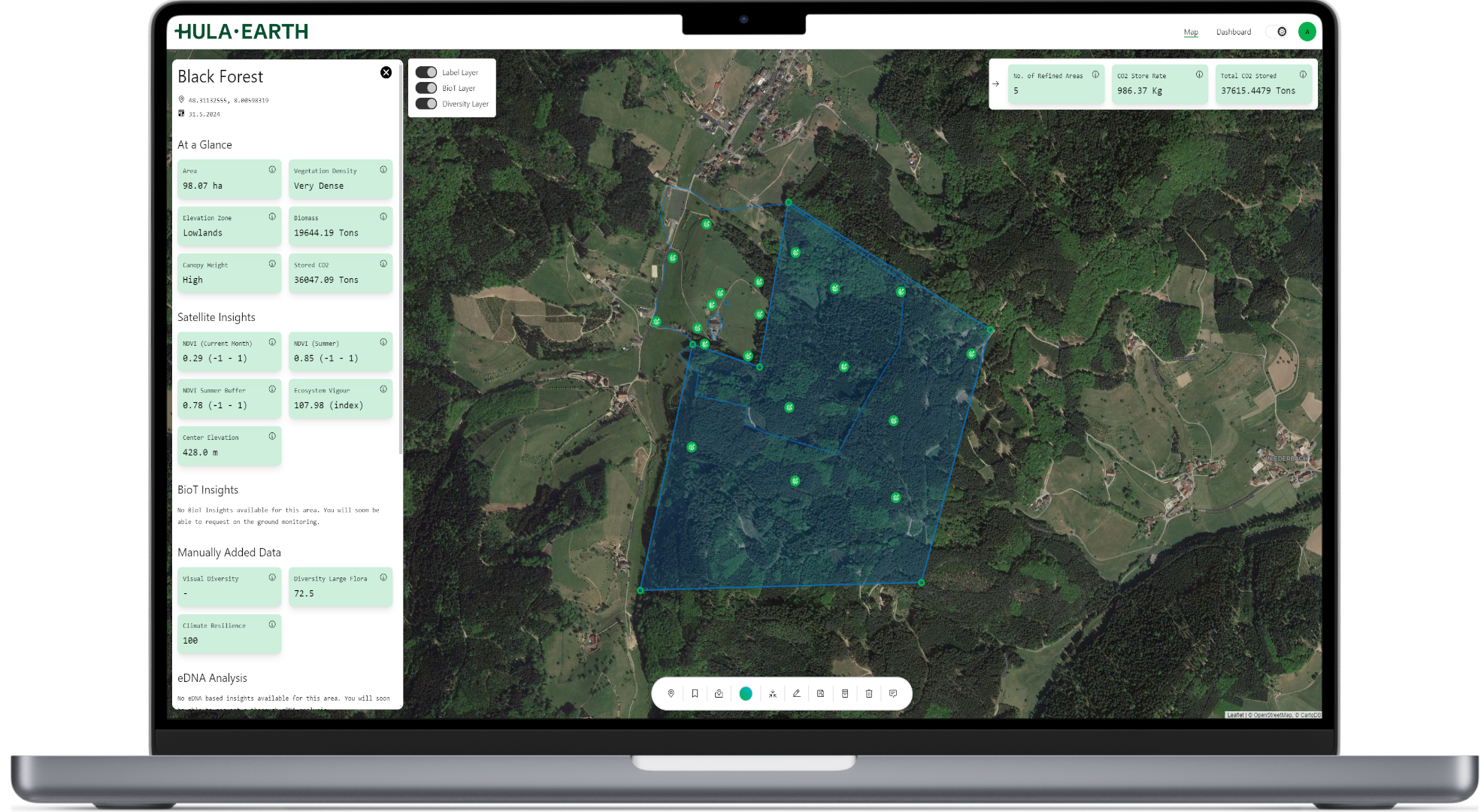 Map View of the Hula Earth Platform with Environmental Metrics Shown in the Sidebar